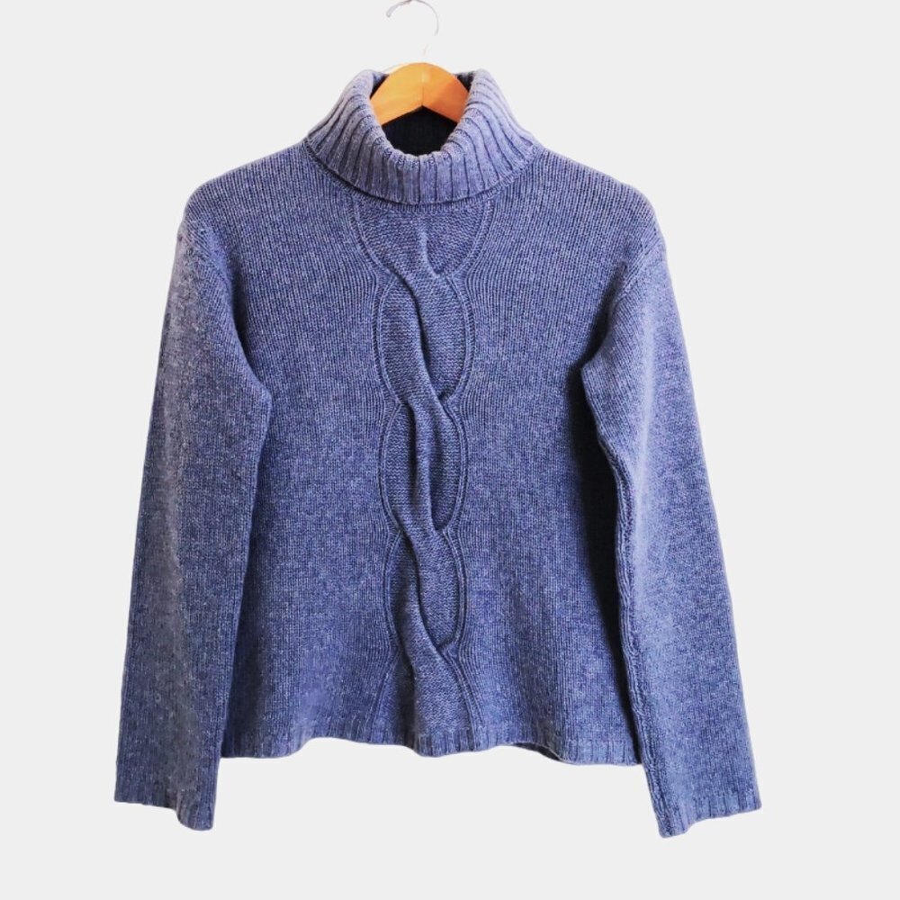 Garnet Hill 100% Cashmere Chunky Cable Knit Turtleneck Pullover Sweater Blue M
